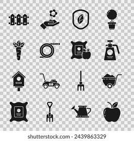 Set Apple, Wheelbarrow with dirt, Garden sprayer for fertilizer, Shield leaf, hose fire hose, Carrot, fence wooden and in the sack icon. Vector