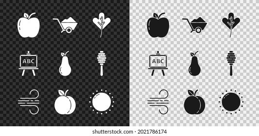 Ponga Apple, Wheelbarrow con suciedad, hojas o hojas, Wind, Peach, Sun, Chalkboard y Pear icono. Vector