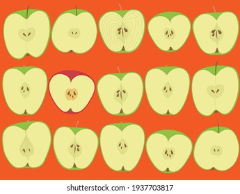Äpfelset. Apfelscheibe einzeln. Frische Fruchtfarbe, Vektorgrafik. Freehand gezeichnete Illustration für Stoff, Papier. Vektorgrafik von rotem, grünem, reifem Apfel auf orangefarbenem Hintergrund.