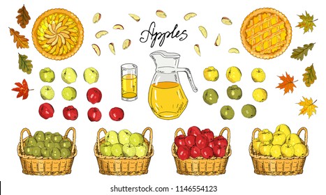 Set of apples, apple slices, apple pies, apple juice jug, basket of harvest , glass on a white background. Hand drawn food illustration. 