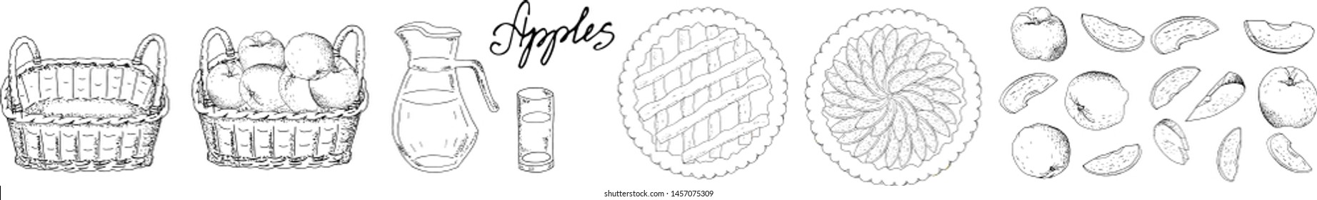 Set of apples, apple slices, apple pies, apple juice jug, basket of harvest black, glass black on a white background. Hand drawn food illustration. 