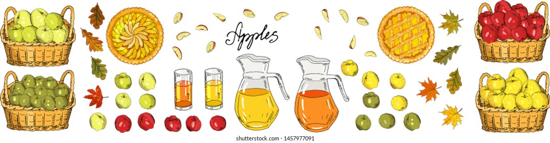 Set of apples, apple slices, apple pies, apple juice jug, basket of harvest , glass on a white background. Hand drawn food illustration. 