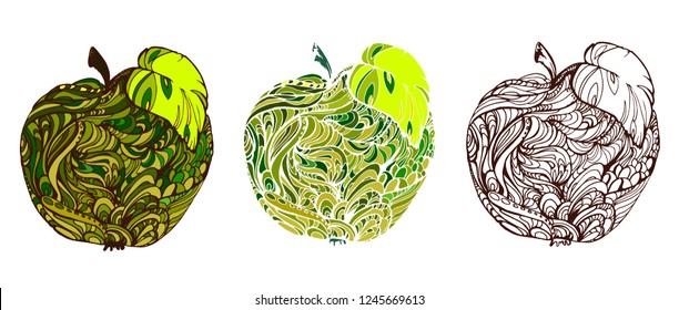 set of apples in cartoon style, abstract doodle isolated on white background, logo, hand drawing, vector eps 10