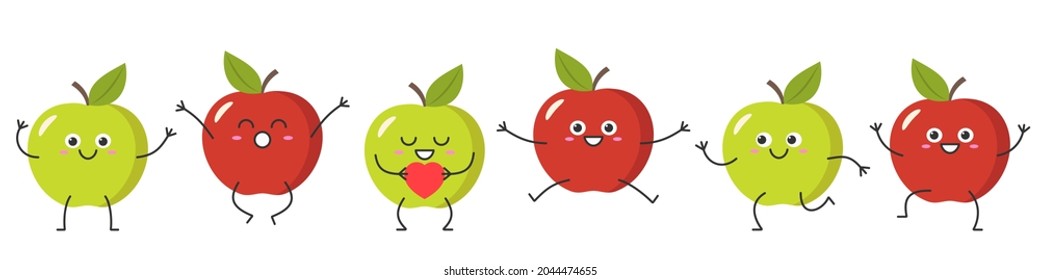 Set apples character cartoon emotions joy happiness smiling face jumping running icon beautiful vector illustration.