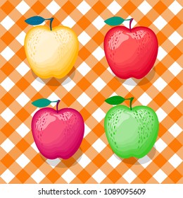 Set of apples of different colors: green, red, yellow. Vector illustration on checkered orange seamless pattern background.