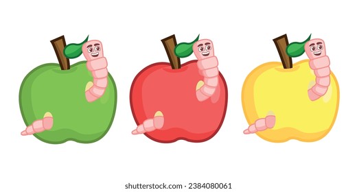 Set of apples in different colors with smiling worms. Whole fruit with a worm.
