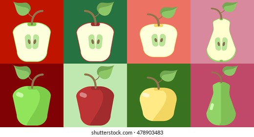 Set of apples of different varieties and apple slices , vector