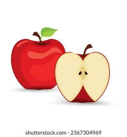 Set of apples fruit, apple with leave in vector and various styles. Two Fresh apple fruit cut object, element on isolated white background, healthy fruits concept