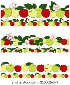 Set of apples line. Seamless borders with apples, leave and flowers. Vector graphics.