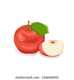 A set of apples. One red apple with a leaf and an apple slice on a white isolated background. Fruits, vitamins, iron. Label and packaging. Printing on dishes. Vector illustration.