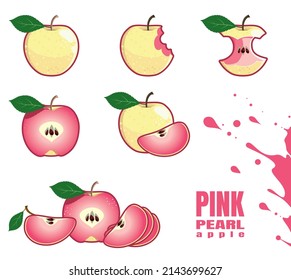 Conjunto de manzanas con pulpa roja. Perla rosa. Frutas con núcleo rosado. Stub, media manzana, tajada, mordida, jugo. Aislado sobre fondo blanco