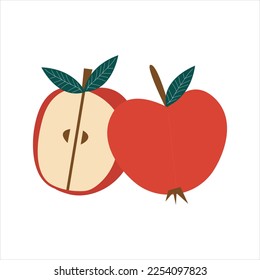 Conjunto de manzanas y manzanas cortadas (enteras, medias) aisladas en fondo blanco con un estilo plano y caricaturizado.