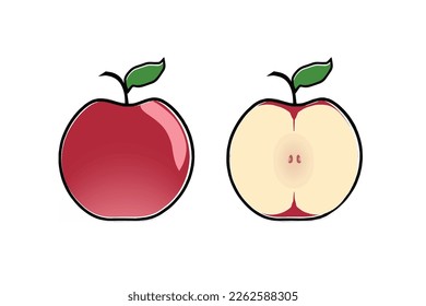 Set of apples and sliced apples (whole, half) isolated on white background with flat and cartoon style.Bright vector illustration of colorful half and whole of juicy apple.