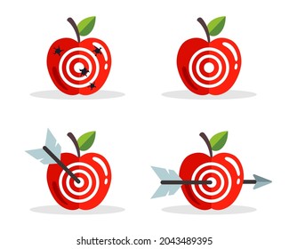 set of apples with a target. shoot right at the target. flat vector illustration.