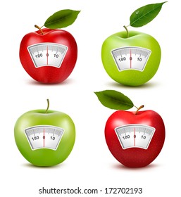 Set of apples with weight scales. Diet concept. Vector. 