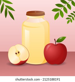 Set of apples. Whole fruit, half and juice. Natural, organic and fresh products. Healthy diet and nutrition, proper food, vitamins. Marketing poster or banner. Cartoon flat vector illustration