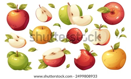 Set of apples in yellow, green and red colors. Whole apple, half apple, cut apple. Vector elements on white background