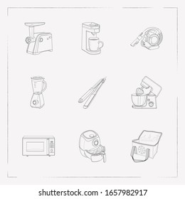 Set of appliance icons line style symbols with fryer, microwave, blender and other icons for your web mobile app logo design.