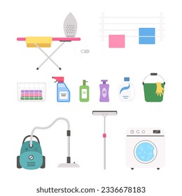 Set of appliances and cleaning tools for home. Doll house interior concept. Cartoon flat style. Vector illustration 