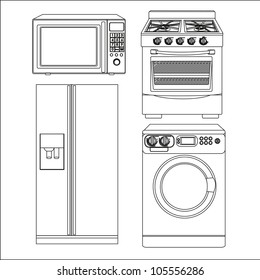 Set of Appliances, contains washing machine, stove, microwave and refrigerator, vector illustration