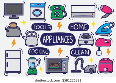 set of appliances doodle with color good for background, wallpaper, sticker, element design, etc