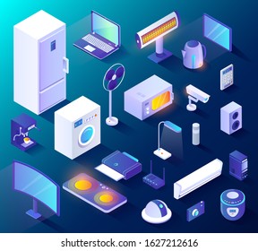 Set of appliances and equipments for smart home. Isolated collection of smart fridge and washing machine, home iot automation system. Camera and modern technologies innovation for house, 3d isometric