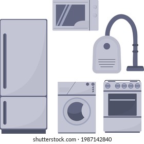 set of appliances, fridge, gas stove, microwave, washer, vacuum cleaner
