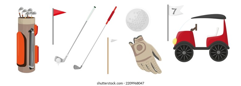 Set of appliances golf in cartoon style. Vector illustration of backpack for clubs, pockets, ball, stick, golf cart, mitt on white background.