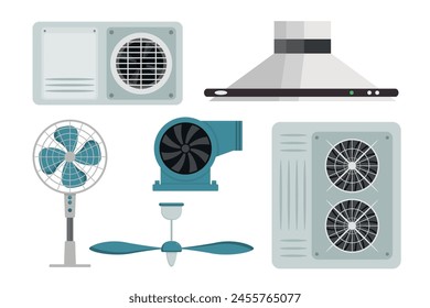 Set of appliances for the home, various organizations. Vector illustration dust fan, for cooling the room, hood, air conditioner isolated on white background. Electrical devices. Air purification.