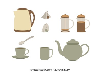 Aparatos para preparar té y beber. Hervidor, cervecera, tetera, taza y taza. Prensa francesa vacía y completa. Ilustración vectorial plana