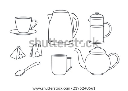 Set of appliances for tea brewing and drinking. Kettle, brewer, teapot, teaspoon and cup. Empty and full french press. Outline vector illustration