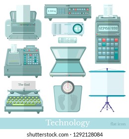 Set of appliances and technology flat icons on white. Typewriter, cash machine, printer, screen, scanner, scales, movie clapperboard and projector