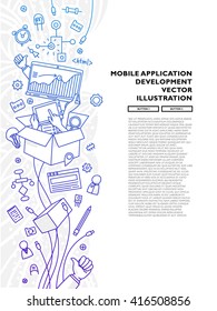 Set of application development, web site coding, information and mobile technologies vector icons and elements. Modern concept vectors collection. Flat Style Thin Lines Design.