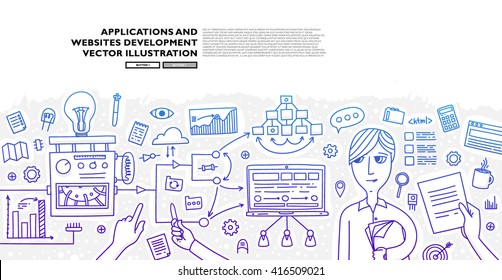 Set of application development, web site coding, information and mobile technologies vector icons and elements. Modern concept vectors collection. Flat Style Thin Lines Design.