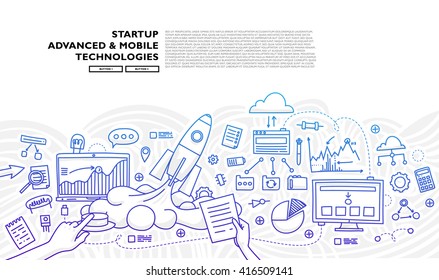Set of application development, web site coding, information and mobile technologies vector icons and elements. Modern concept vectors collection. Flat Style Thin Lines Design.