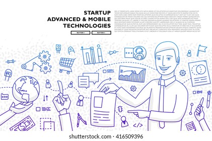 Set of application development, web site coding, information and mobile technologies vector icons and elements. Modern concept vectors collection. Flat Style Thin Lines Design.