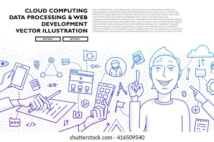 Set of application development, web site coding, information and mobile technologies vector icons and elements. Modern concept vectors collection. Flat Style Thin Lines Design.