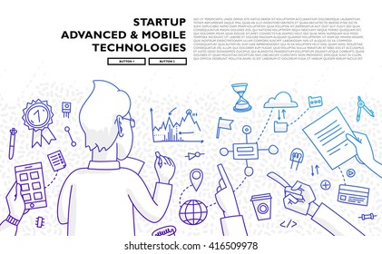 Set of application development, web site coding, information and mobile technologies vector icons and elements. Modern concept vectors collection. Flat Style Thin Lines Design.