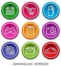 Set of application icon, menu icons, outline design. Colorful buttons. Vector illustration