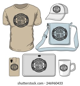 Set for the application logo: T-shirt, baseball cap, Case for smartphone, tablet cover, bag, mug.