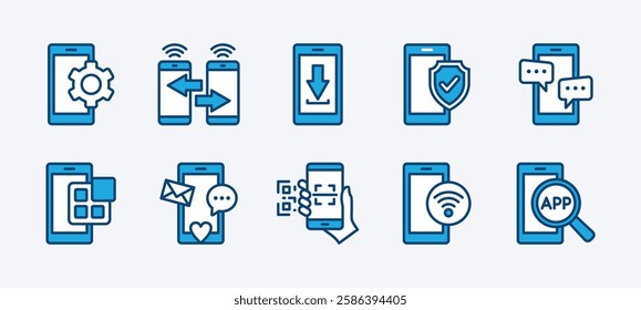 Set of application on mobile phone icon. Containing searching app on smartphone, settings, share connection, download, protection, message, social media, scan barcode, wifi. Vector illustration