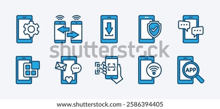 Set of application on mobile phone icon. Containing searching app on smartphone, settings, share connection, download, protection, message, social media, scan barcode, wifi. Vector illustration