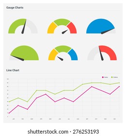 Set Of Application Progress Graph Chart And Different Phases Of Dashboard Speedometer Or Gauge Icons Set