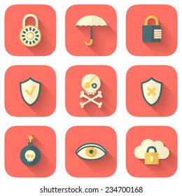 Set of Application Security Icons to a Limited Color Palette in Flat Style with Long Shadows