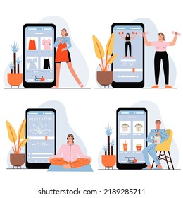 A set of applications for the phone. An application for food delivery, for meditation, for sports training, an online clothing store. Vector illustration