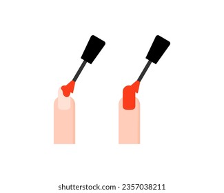 Set of applying red nail polish fingernail icon. Beauty, self care, manicure concept. Flat vector design isolated illustration. 
