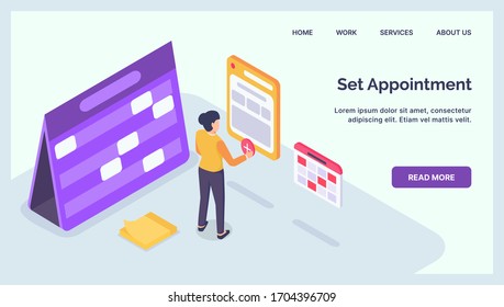 set an appointment for business professional with calendar and date time for website landing homepage with isometric style