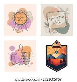 Set of Appreciation and Achievement Graphics with Star Award Ribbon, Hand-Drawn Thumbs Up Icon, Appreciation Note Card, and Mountain Adventure Badge