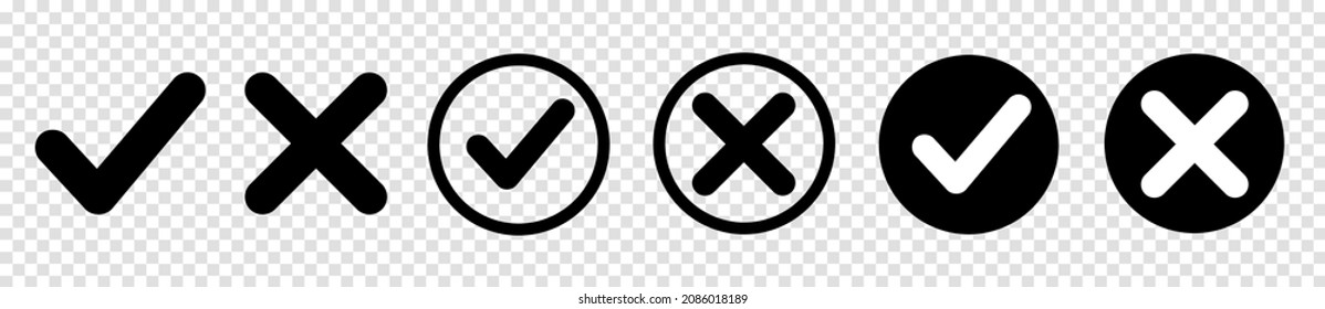 Set approval check mark and cross icons in circle and square, checklist signs, flat checkmark approval badge, isolated tick symbols - stock vector