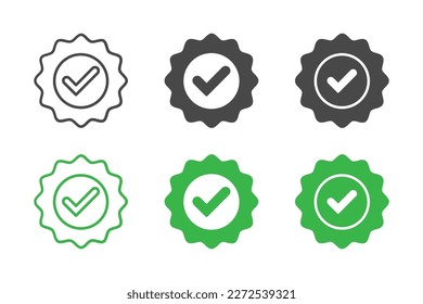 Set of approval check vector icon. Certificate icon. Premium quality. Achievement icon. Profile verification. Quality mark. Quality print. Seal of approval. Mission accomplished. Project completed. 